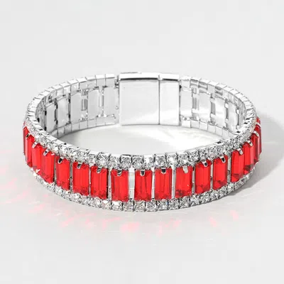 Fashnzfab Baguette Stone Cluster Magnetic Evening Bracelet Red, Silver