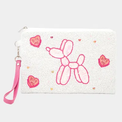 Fashnzfab Balloon Dog Heart Beaded Wristlet Clutch Bag In White