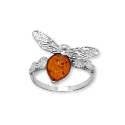 Fashnzfab Baltic Amber Honey Bee And Flower Ring In Metallic
