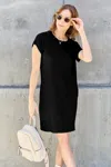 Fashnzfab Bamboo Full Size Round Neck Short Sleeve Dress With Pockets In Black