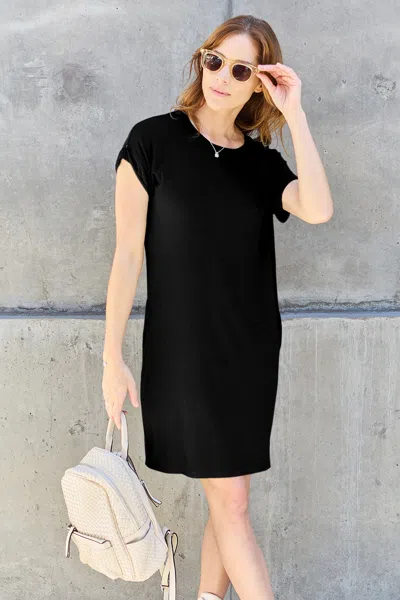 Fashnzfab Bamboo Full Size Round Neck Short Sleeve Dress With Pockets In Black