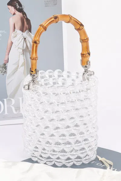 Fashnzfab Bamboo Handle Transparent Bead Chic Tote Bag In White