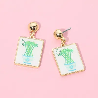 Fashnzfab Bamboo Print Frame Drop Dangle Earrings In Green