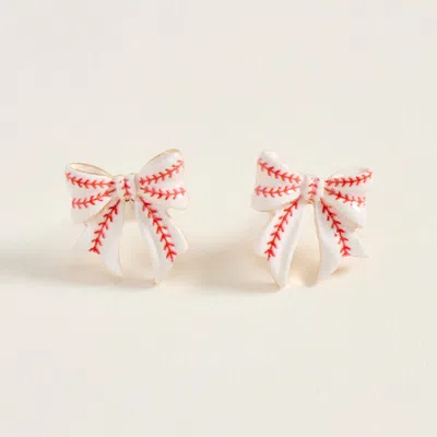 Fashnzfab Baseball Bow Stud Earrings In White