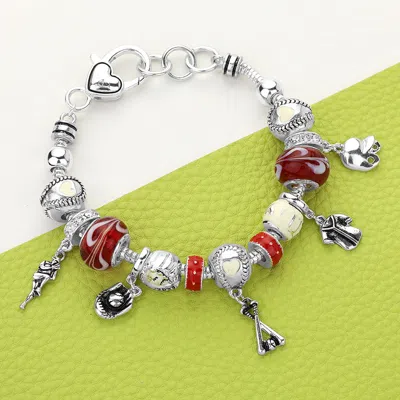 Fashnzfab Baseball Charm Multi Bead Bracelet Antique Silver, Multi
