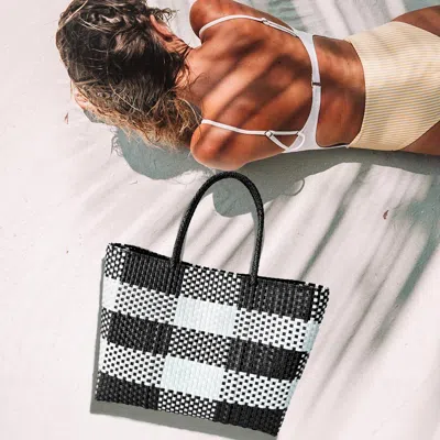 Fashnzfab Basket Weave Checkered Hand Bag / Tote Bag In Black