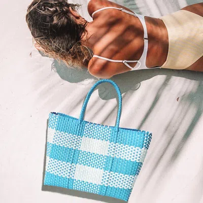 Fashnzfab Basket Weave Checkered Hand Bag / Tote Bag In Blue
