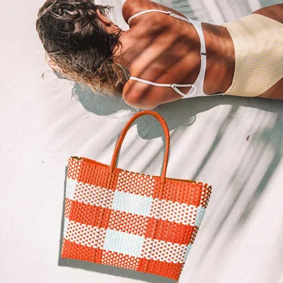 Fashnzfab Basket Weave Checkered Hand Bag / Tote Bag In Orange