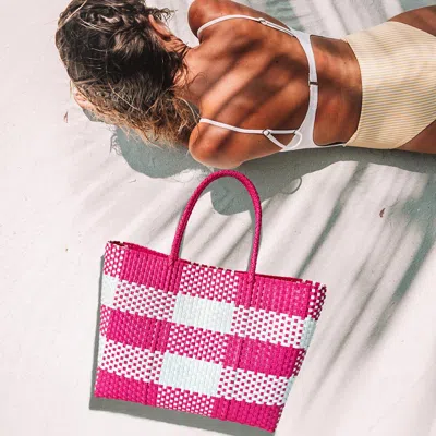 Fashnzfab Basket Weave Checkered Hand Bag / Tote Bag In Pink