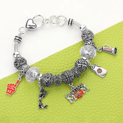 Fashnzfab Basketball Mom Multi Bead Embossed Metal Bracelet Antique Silver, Orange