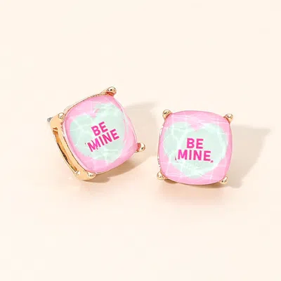 Fashnzfab Be Mine Message Heart Square Cushion Stud Earrings Mint, Pink