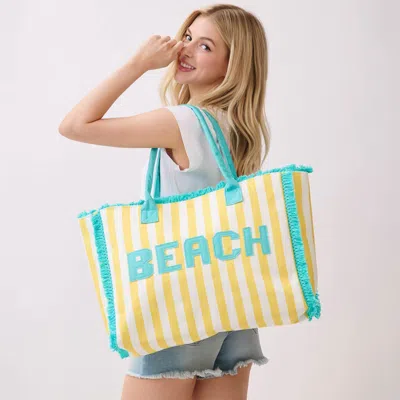 Fashnzfab Beach Letter Embroidery Terry Cloth Frayed Striped Shoulder Tote Bag In Yellow