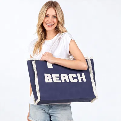Fashnzfab Beach Message Embroidered Fringe Tote Beach Bag In Blue