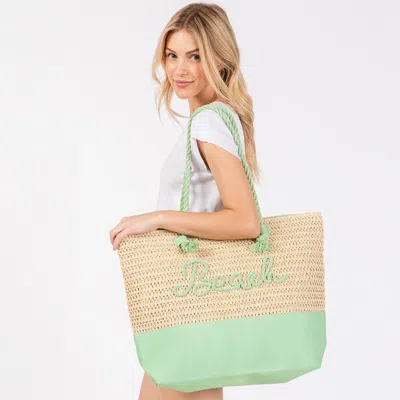 Fashnzfab Beach Message Embroidered Rope Handle Crochet Fabric Tote Bag / Beach Bag In Green