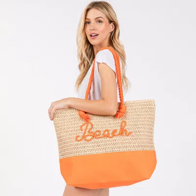 Fashnzfab Beach Message Embroidered Rope Handle Crochet Fabric Tote Bag / Beach Bag In Orange
