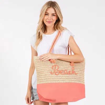 Fashnzfab Beach Message Embroidered Rope Handle Crochet Fabric Tote Bag / Beach Bag In Pink