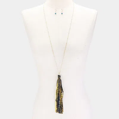 Fashnzfab Bead Accented Gold Metallic Leatherette Tassel Necklace In Multi