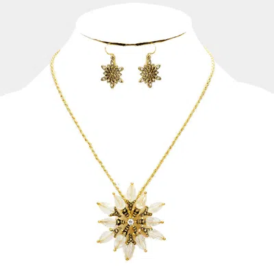 Fashnzfab Bead Antique Metal Flower Flake Pendant Necklace In Silver