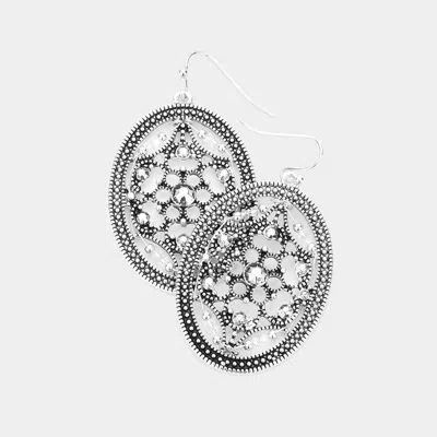 Fashnzfab Bead Embellished Antique Metal Oval Dangle Earrings - Antique Silver In Metallic