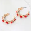 Fashnzfab Bead Embellished Hammered Metal Hoop Earrings In Red