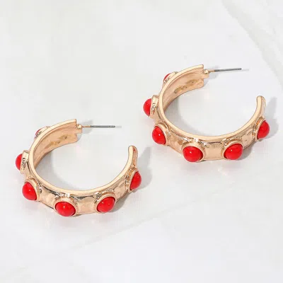 Fashnzfab Bead Embellished Hammered Metal Hoop Earrings In Red