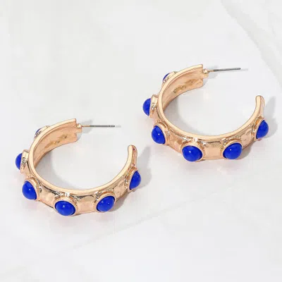 Fashnzfab Bead Embellished Hammered Metal Hoop Earrings In Blue