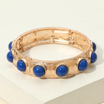Fashnzfab Bead Embellished Hammered Metal Stretch Bracelet Blue