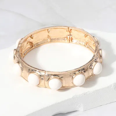 Fashnzfab Bead Embellished Hammered Metal Stretch Bracelet Ivory In Multi
