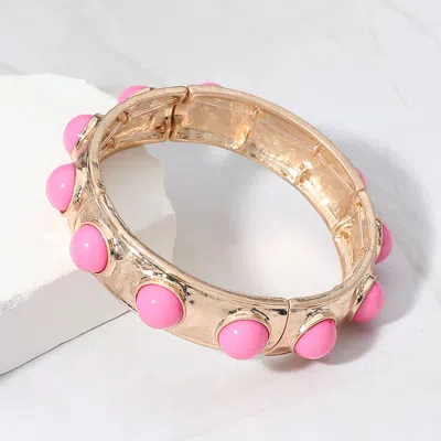 Fashnzfab Bead Embellished Hammered Metal Stretch Bracelet Pink