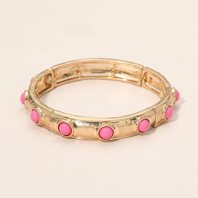 Fashnzfab Bead Embellished Hammered Metal Stretch Bracelet In Pink