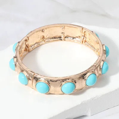 Fashnzfab Bead Embellished Hammered Metal Stretch Bracelet Turquoise, Worn Gold In Multi
