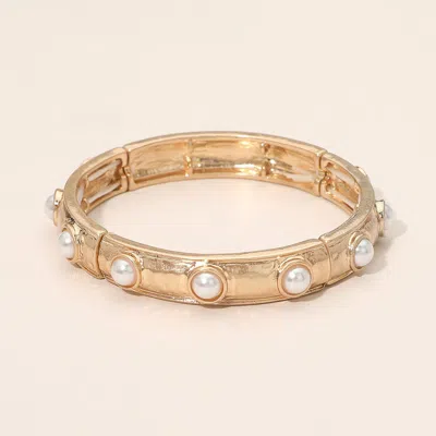 Fashnzfab Bead Embellished Hammered Metal Stretch Bracelet In White