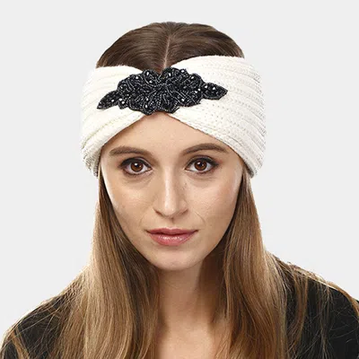 Fashnzfab Bead Flower Knit Earmuff Headband In Beige