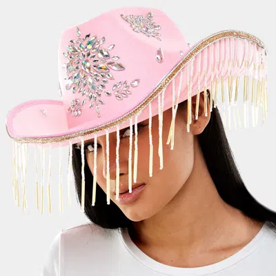 Fashnzfab Bead Fringed Stone Embellished Hat In Pink