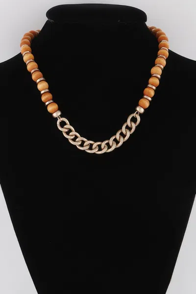 Fashnzfab Bead N Chain Necklace In Brown
