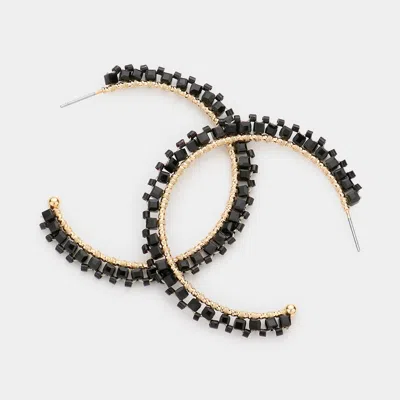Fashnzfab Bead Trimmed Hoop Earrings - Black