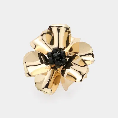 Fashnzfab Beaded Ball Center Metal Petal Flower Adjustable Ring In Black