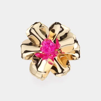 Fashnzfab Beaded Ball Center Metal Petal Flower Adjustable Ring In Gold