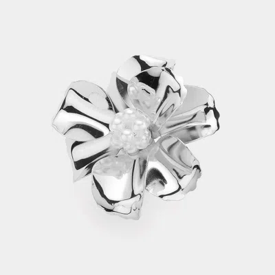 Fashnzfab Beaded Ball Center Metal Petal Flower Adjustable Ring In Silver