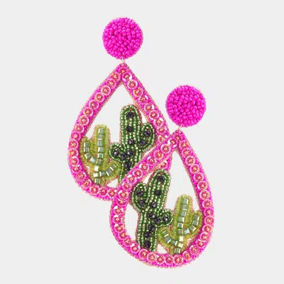 Fashnzfab Beaded Cactus Accented Teardrop Dangle Earrings In Pink