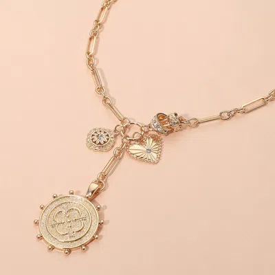 Fashnzfab Beaded Coin Medallion Pendant Drop Heart Floral Charm Long Oval Link Chain Necklace In Gold
