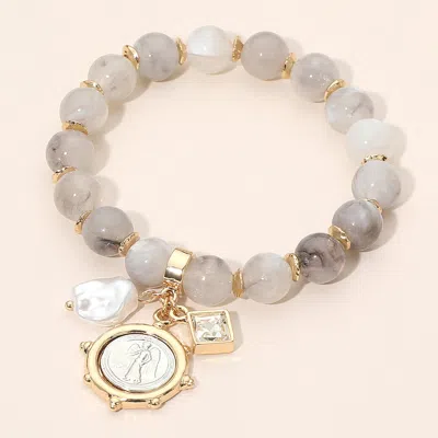 Fashnzfab Beaded Coin Pearl Charm Beaded Stretch Bracelet In Silver