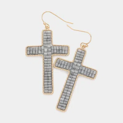 Fashnzfab Beaded Cross Dangle Earrings - Jet Black In Gold