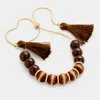 Fashnzfab Beaded Double Tassel Adjustable Pull Tie Bracelet In Brown