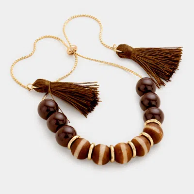 Fashnzfab Beaded Double Tassel Adjustable Pull Tie Bracelet In Brown