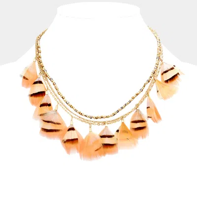 Fashnzfab Beaded Feather Fringe Necklace In Gold