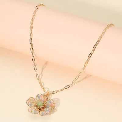 Fashnzfab Beaded Flower Pendant Paperclip Chain Necklace In Gold