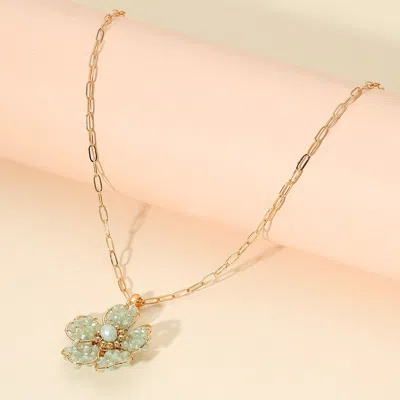 Fashnzfab Beaded Flower Pendant Paperclip Chain Necklace In Green