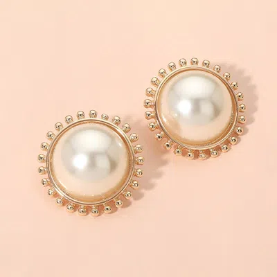 Fashnzfab Beaded Frame Classic Pearl Stud Earrings In Gold