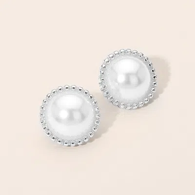 Fashnzfab Beaded Frame Classic Pearl Stud Earrings In Silver